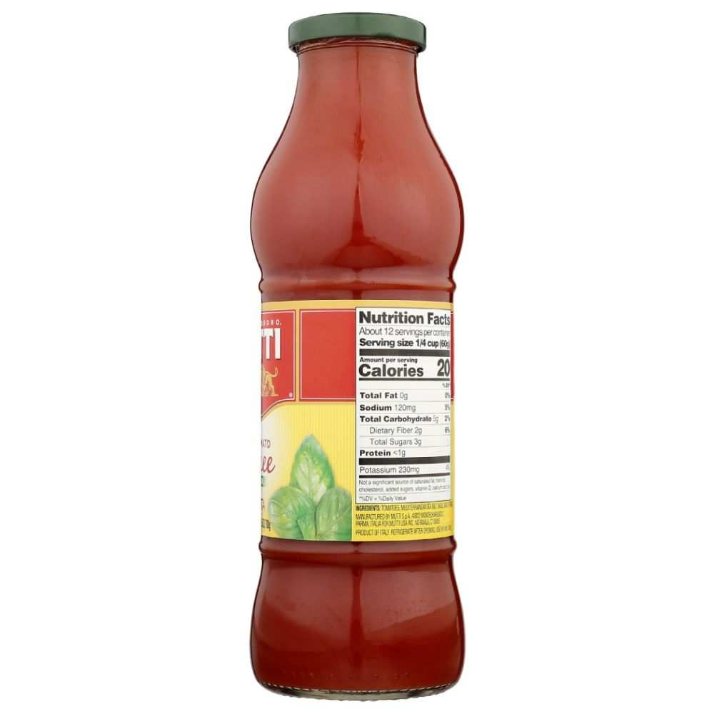 Mutti tomato puree with basil passata bottle 24.5 oz bright red smooth texture