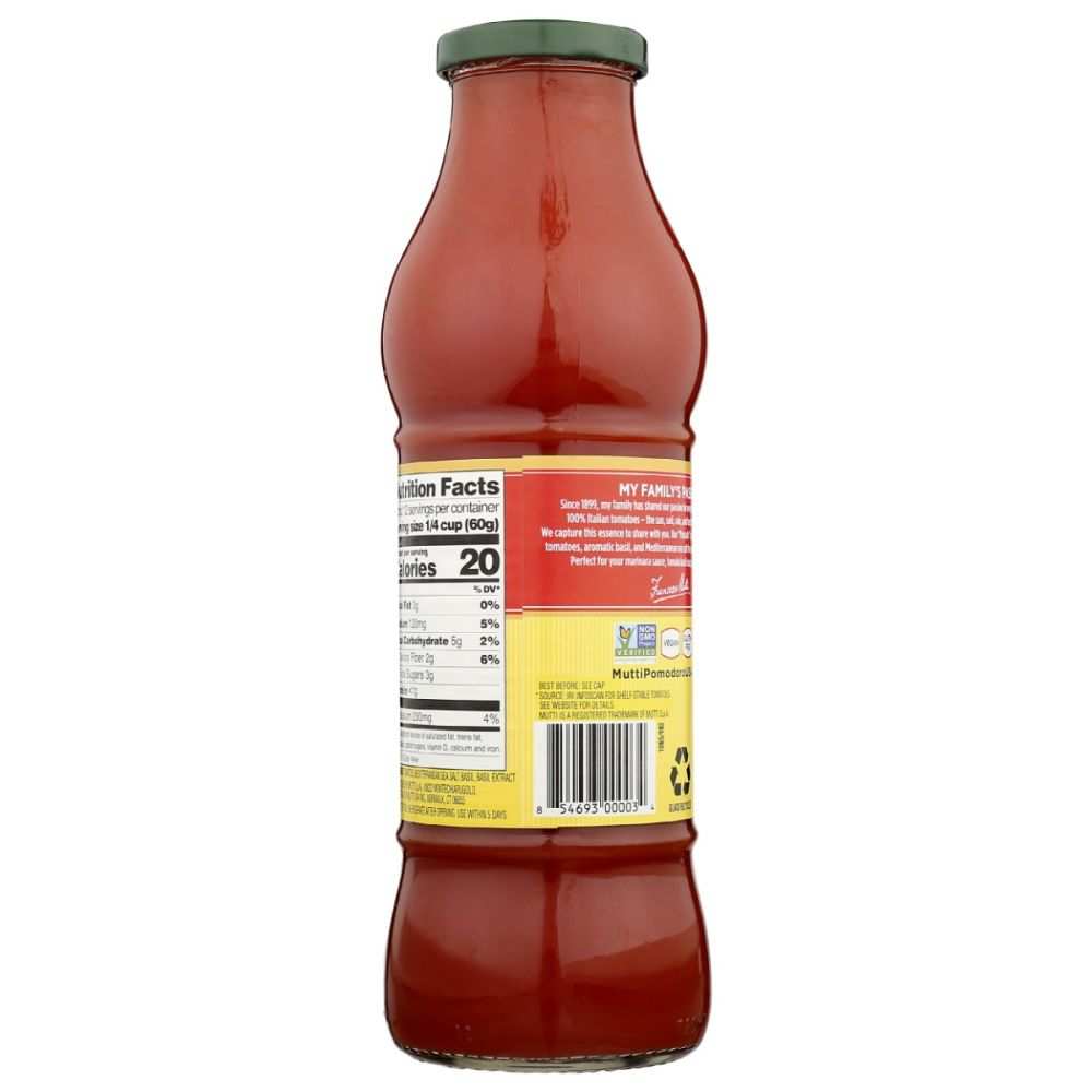 Mutti tomato puree with basil passata in 24.5 oz jar with smooth texture and bright red color