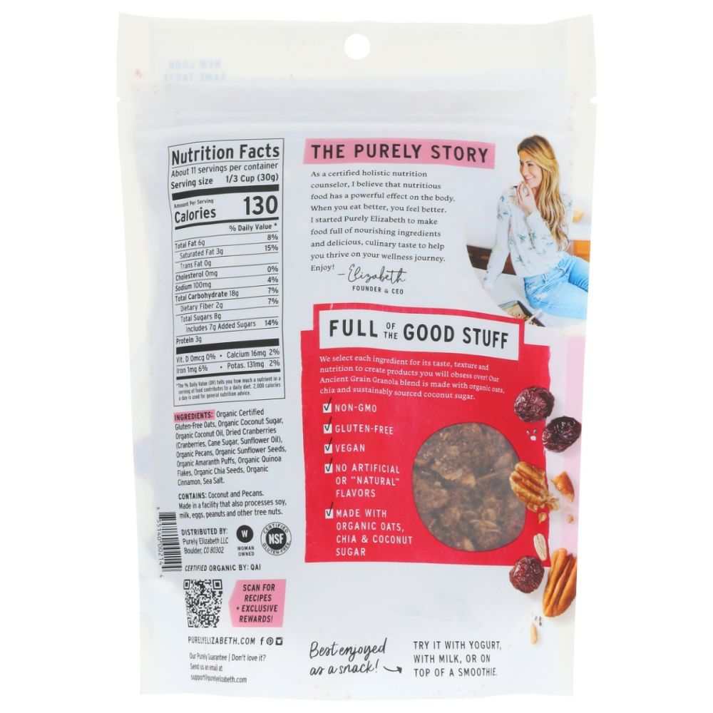 PURELY ELIZABETH Cranberry Pecan Ancient Grain Granola with dried cranberries, pecans, organic oats, and coconut sugar, gluten free and crunchy