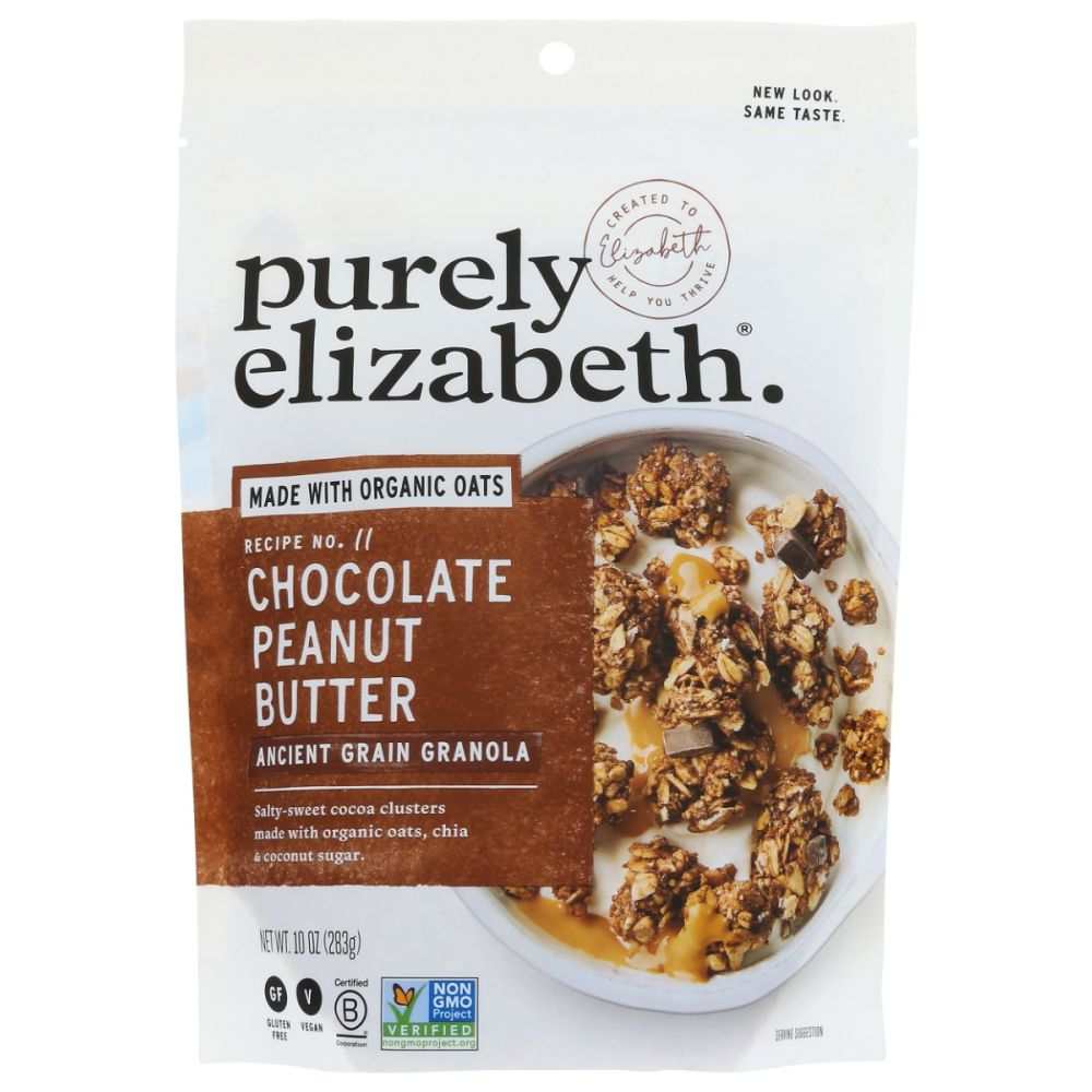 PURELY ELIZABETH Chocolate Sea Salt Peanut Butter Granola 10 oz bag with rich peanut butter and dark chocolate clusters