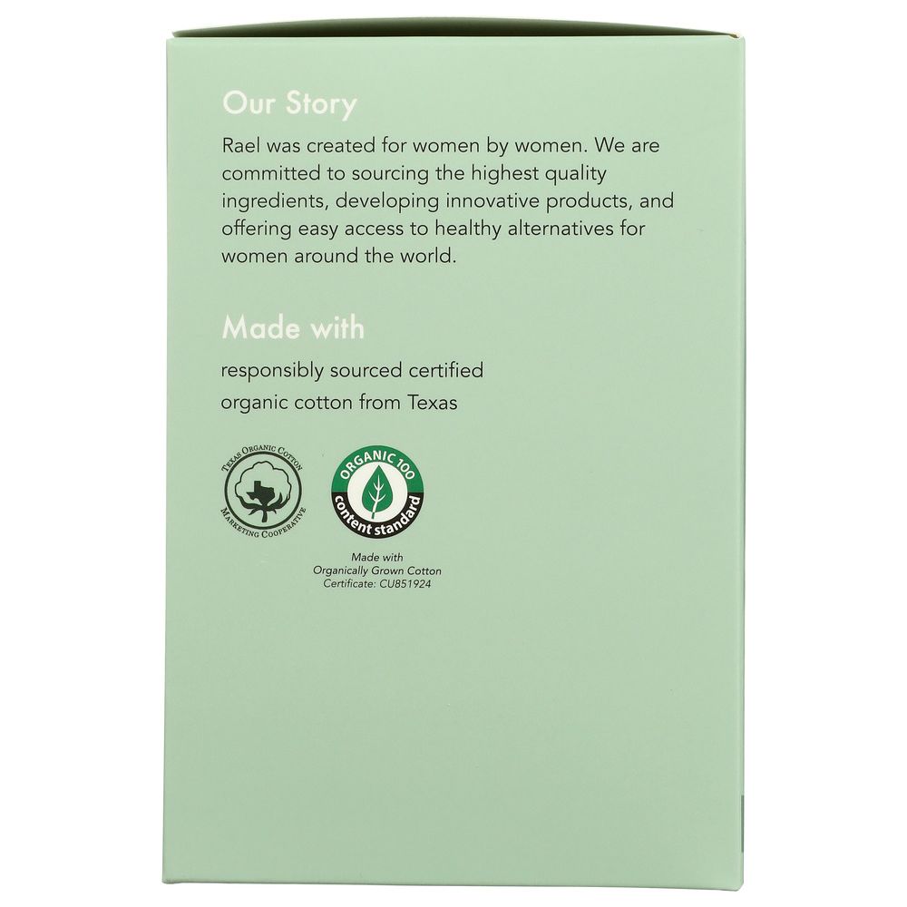 Green product box showing organic cotton certification and sustainability info