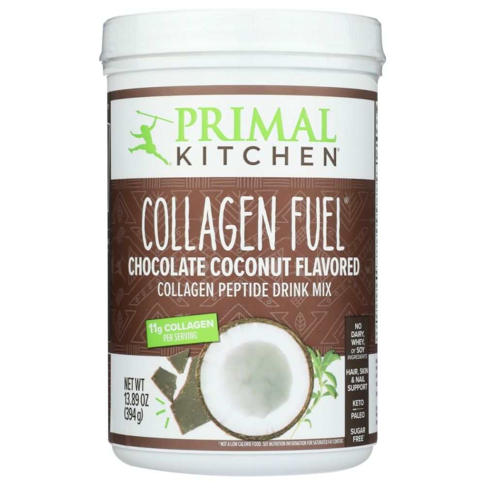 Chocolate coconut flavored collagen peptide drink mix container with coconut image