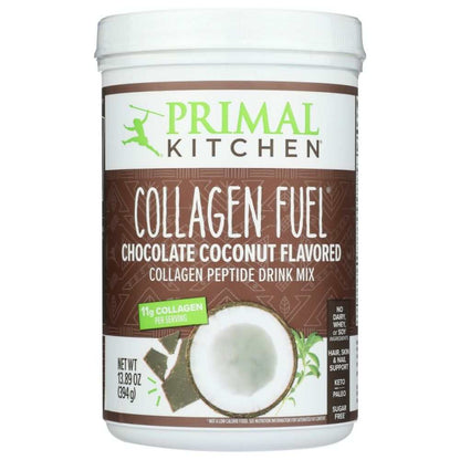 Chocolate coconut flavored collagen peptide drink mix container with coconut image