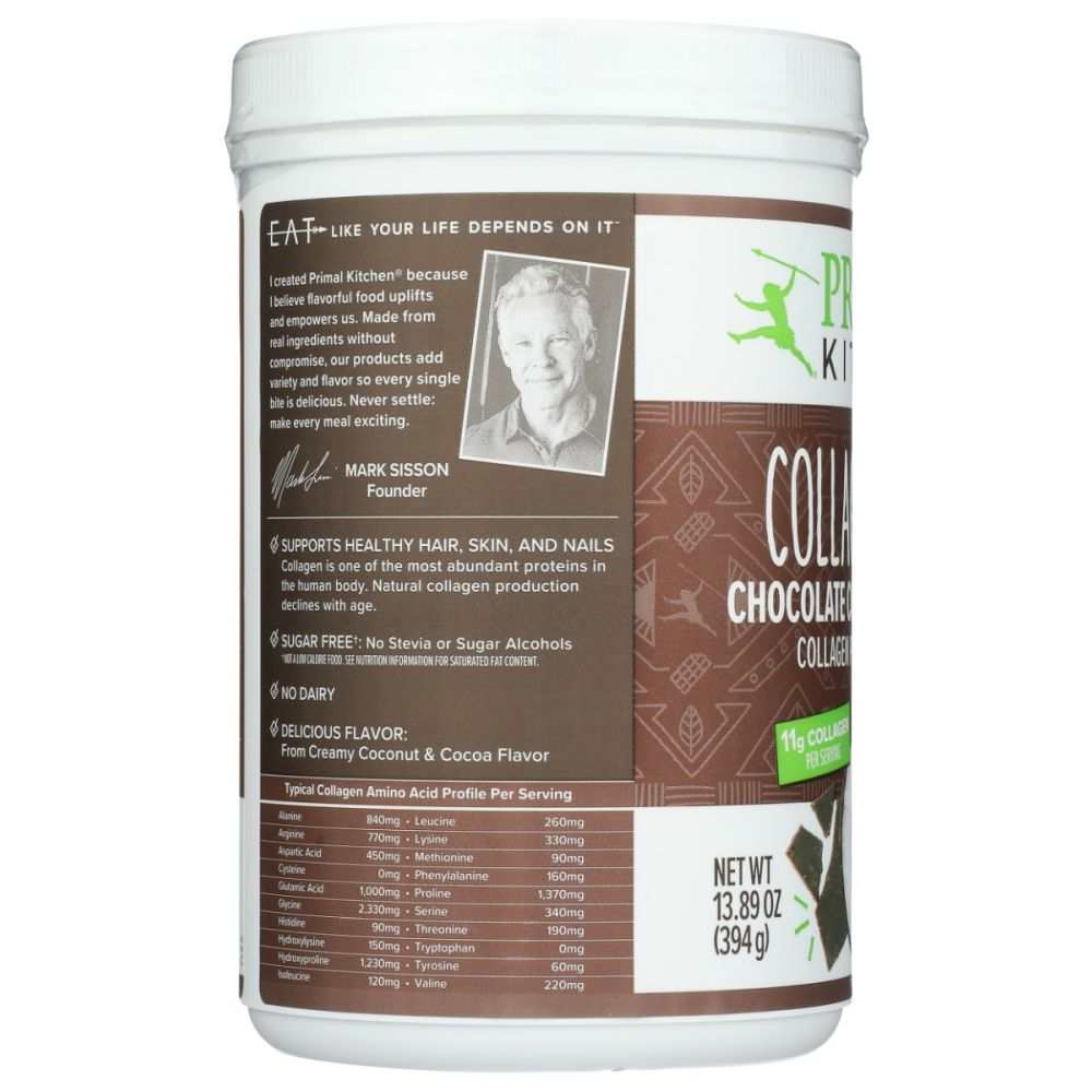 Chocolate coconut collagen protein powder container with nutrition info and founder photo
