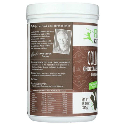 Chocolate coconut collagen protein powder container with nutrition info and founder photo