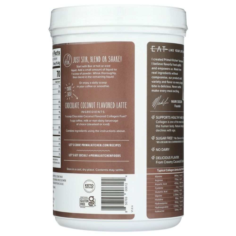 Back of chocolate coconut collagen powder container with nutrition facts and ingredient details