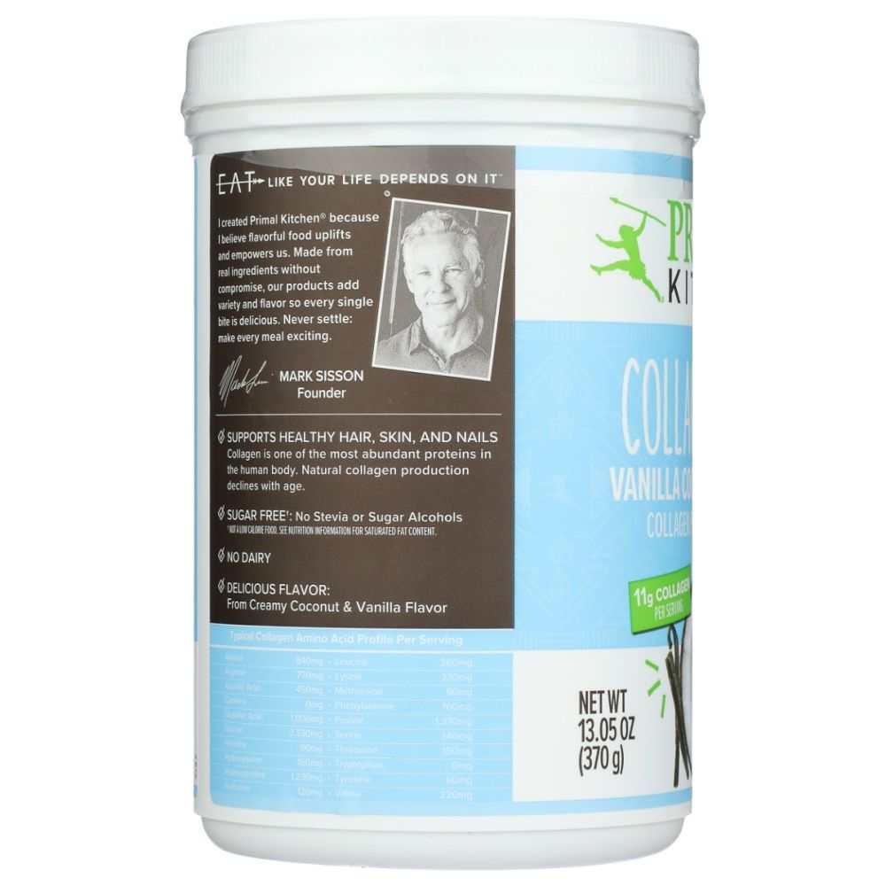 Collagen vanilla coconut supplement powder container, wellness and health-focused packaging