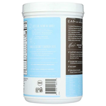 Back label of a vanilla coconut flavored latte collagen powder container, showing nutritional facts and product information, gluten free and keto certified.