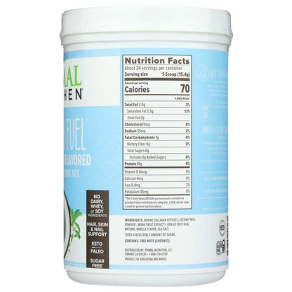 Collagen coconut flavored drink mix container with nutrition facts and dietary highlights visible