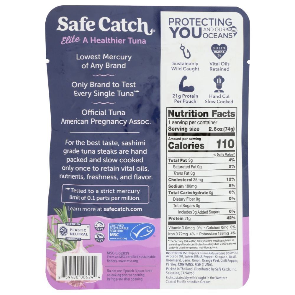 SAFECATCH: Elite Garlic Herb Wild Tuna in Pouch, 2.60 oz - SMART GREENS