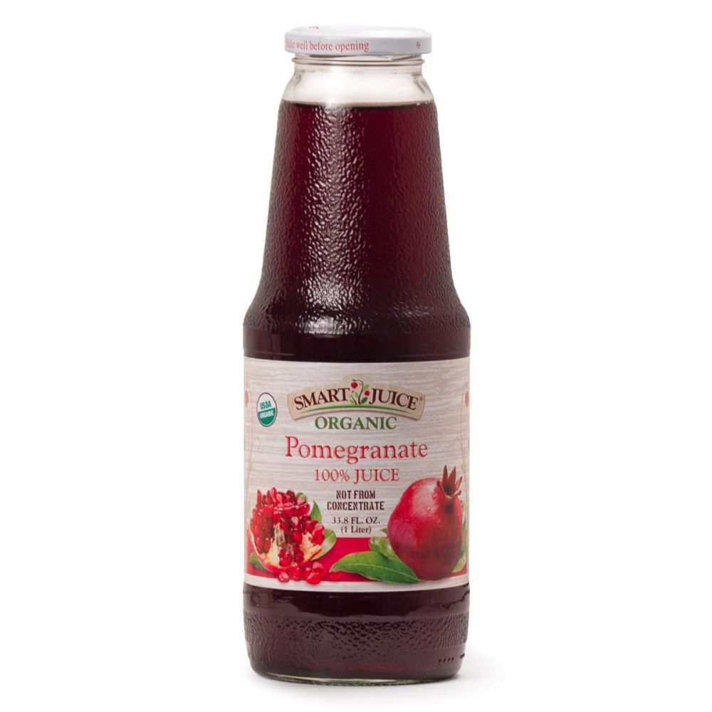 SMART JUICE organic pomegranate juice in 33.8oz glass bottle, cold-pressed and USDA certified organic
