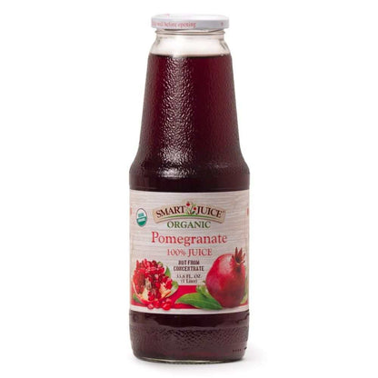 SMART JUICE organic pomegranate juice in 33.8oz glass bottle, cold-pressed and USDA certified organic