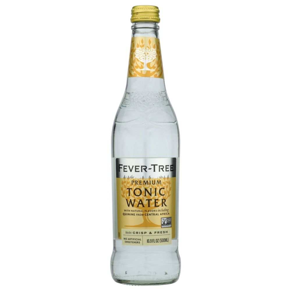 Fever-Tree premium tonic water 500ml glass bottle with yellow label on white background
