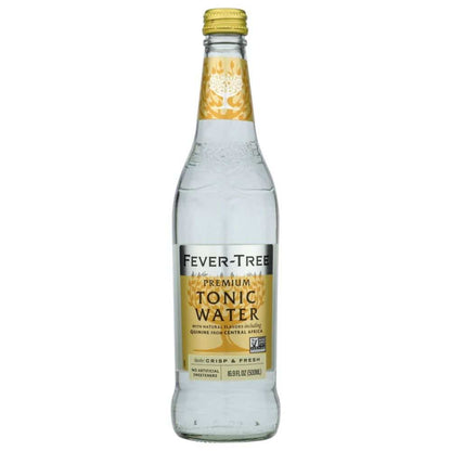 Fever-Tree premium tonic water 500ml glass bottle with yellow label on white background
