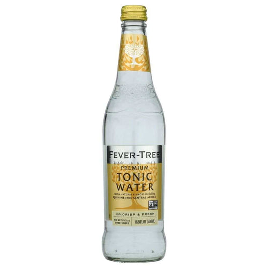 Fever-Tree premium tonic water 500ml glass bottle with yellow label on white background
