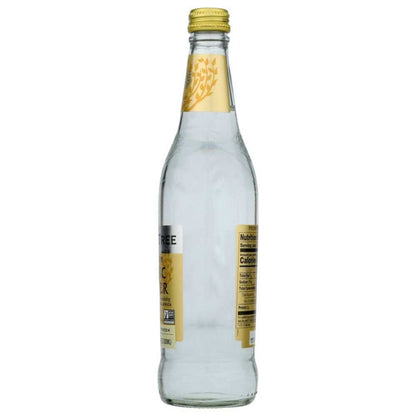 Clear glass bottle with yellow label and cap, nutrition facts visible, isolated on white