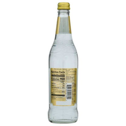 Premium tonic water glass bottle with gold label and nutrition facts