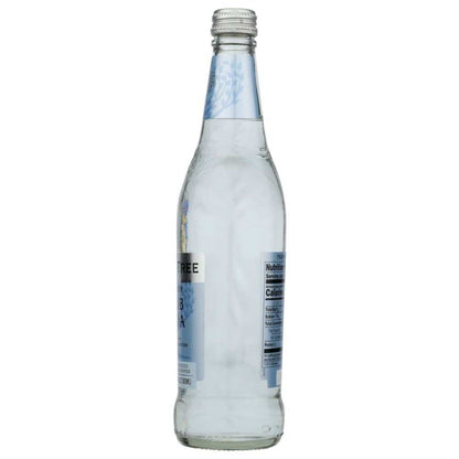 Clear glass bottle of sparkling water with a blue label and nutritional facts