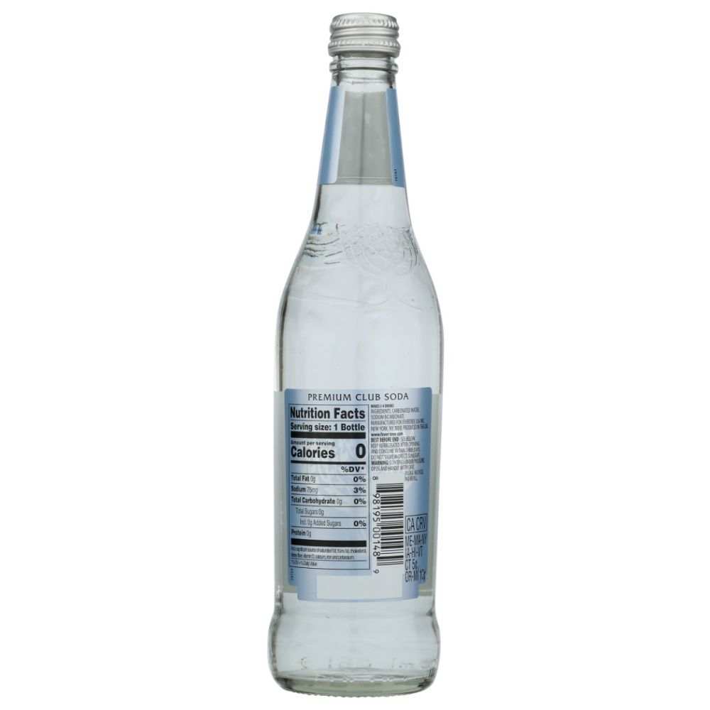 Clear glass bottle of premium club soda with visible nutrition facts label
