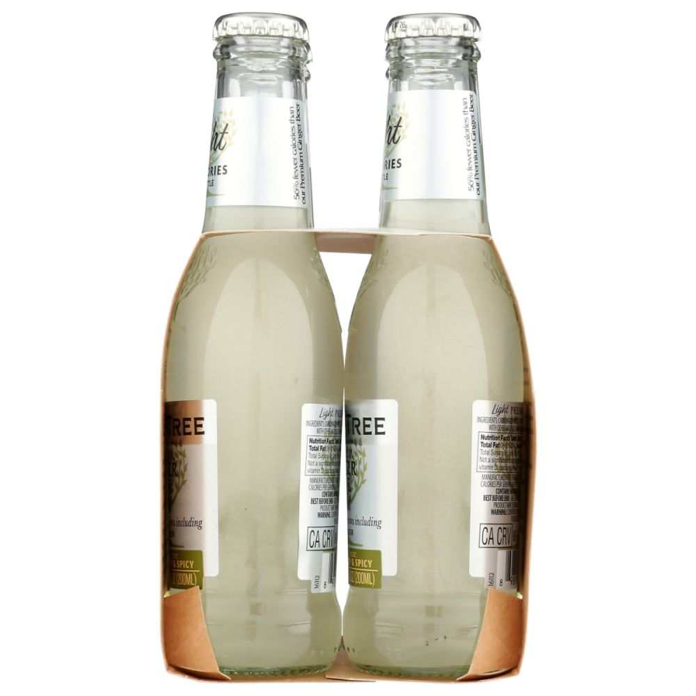 Four-pack of clear glass bottles with light drink in cardboard carrier, back label visible