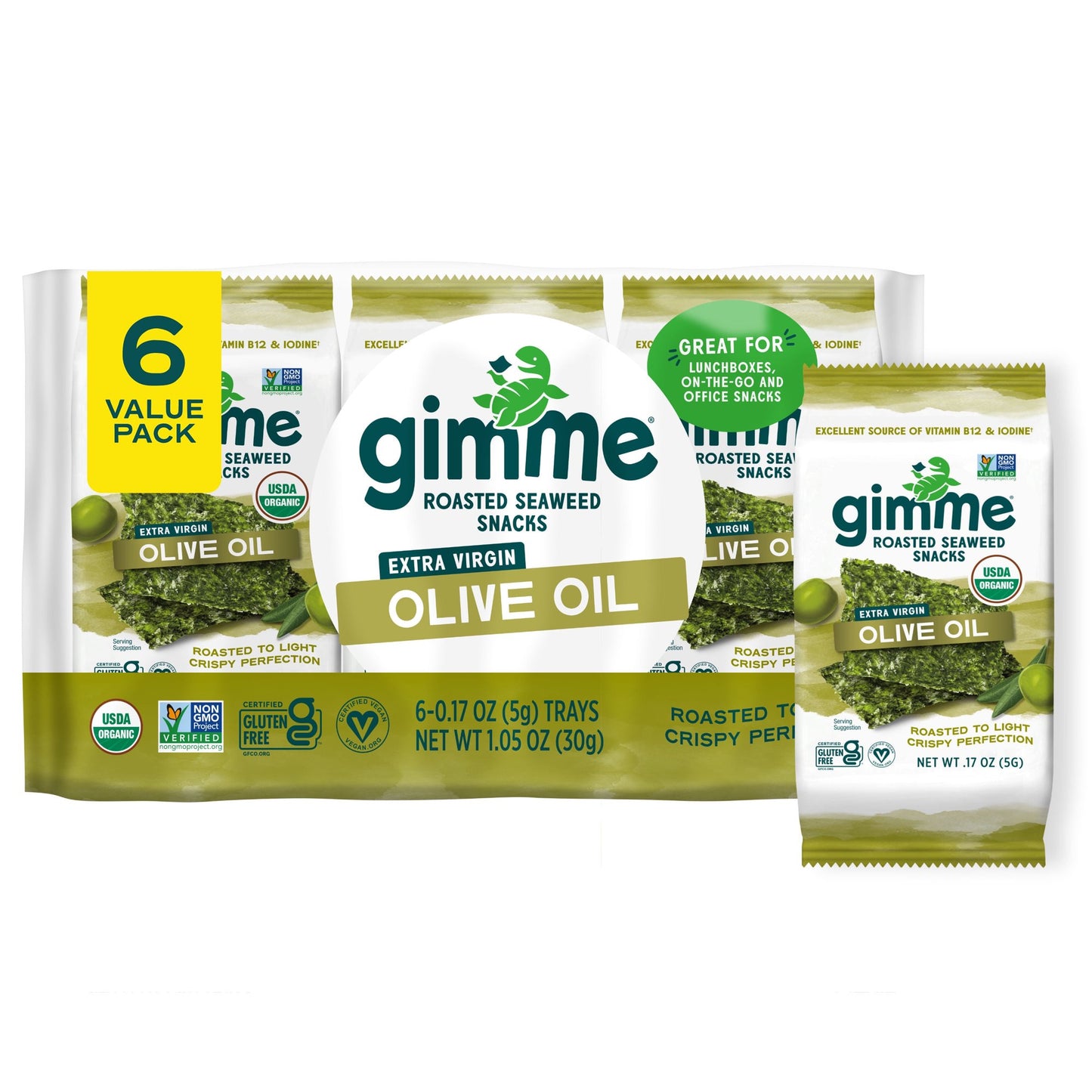 GIMME: Organic Premium Roasted Seaweed Extra Virgin Olive Oil 6x0.17oz, 1.05 oz