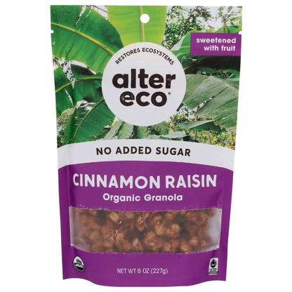 ALTER ECO Cinnamon Raisin Organic Granola 8 oz bag with natural fruit sweetener and eco-friendly packaging