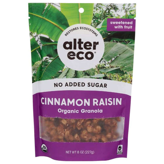 ALTER ECO Cinnamon Raisin Organic Granola 8 oz bag with natural fruit sweetener and eco-friendly packaging