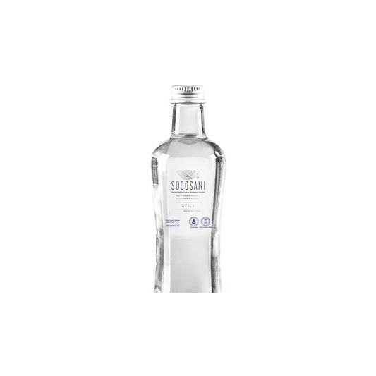 Clear glass bottle of Socosani still natural mineral water against black background