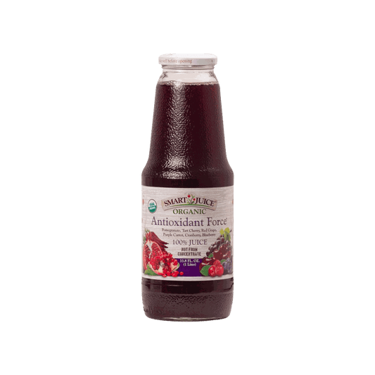 SMART JUICE organic antioxidant juice with pomegranates, tart cherries, red grapes, blueberries, and purple carrots in a 33.8 oz bottle