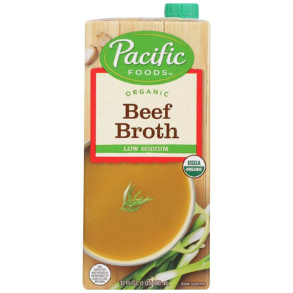 Pacific Foods Low Sodium Organic Beef Broth 32 oz carton with label showing slow-simmered beef broth ingredients
