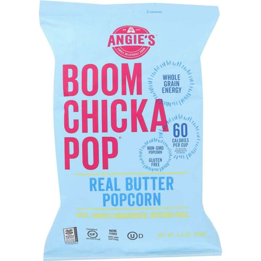 ANGIES Real Butter Popcorn 4.4 oz bag with real butter and 45 calories per cup