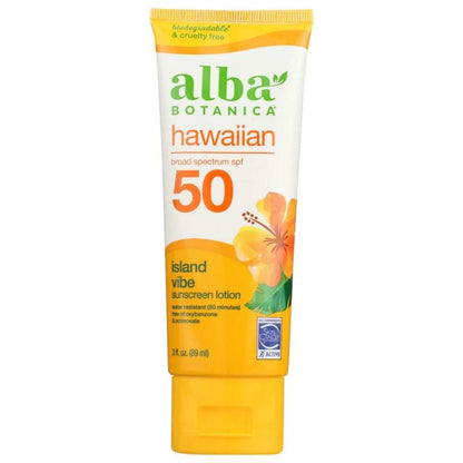 Alba Botanica Hawaiian Sunscreen Lotion SPF 50 3 oz bottle with botanical extracts and water-resistant protection