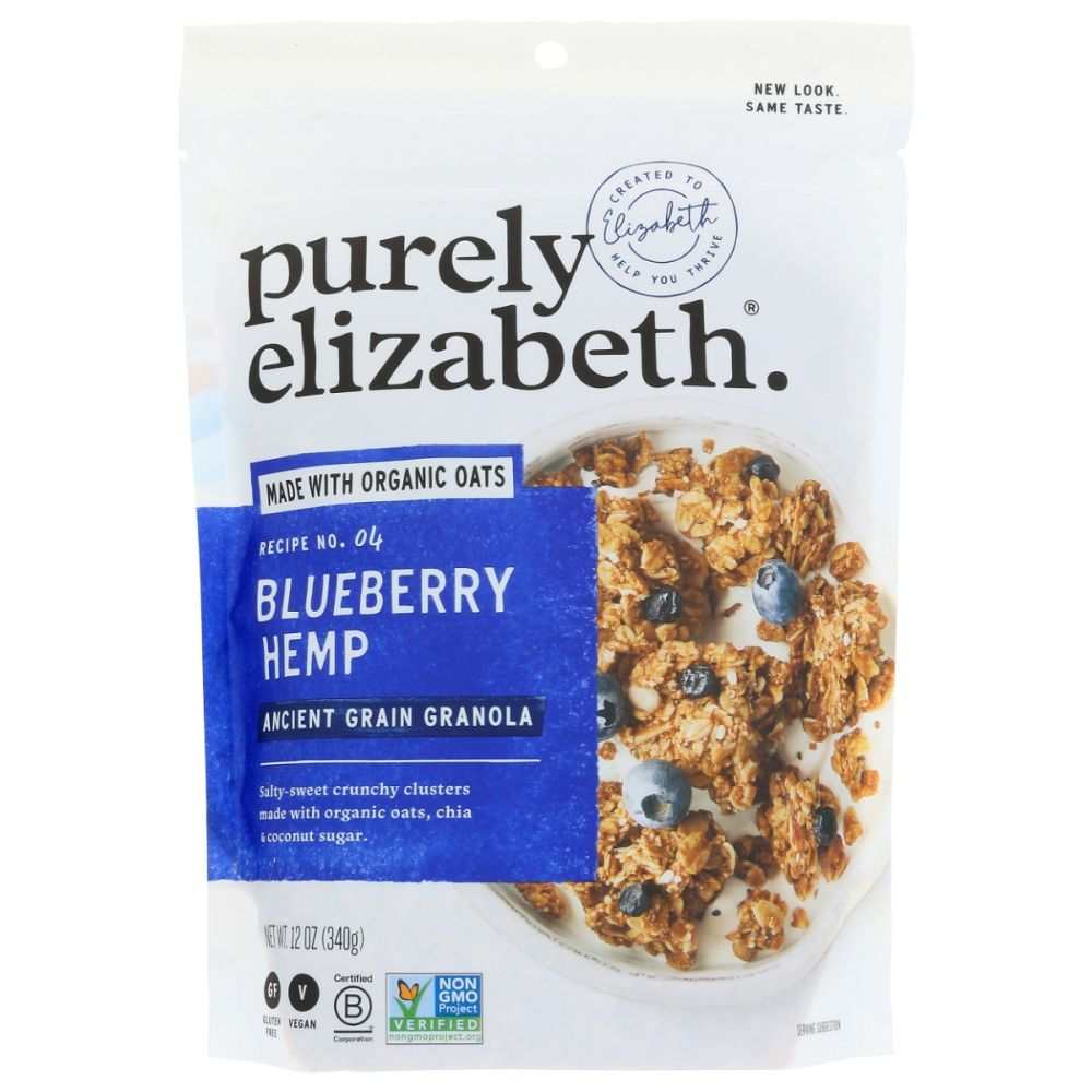 Purely Elizabeth Blueberry Hemp Ancient Grain Granola with dried blueberries and hemp seeds in 12 oz packaging