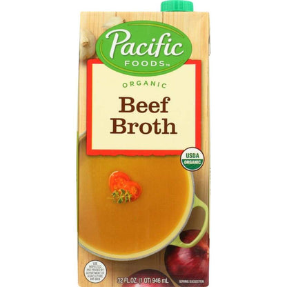 Pacific Foods Organic Beef Broth 32 oz carton with slow-simmered savory beef stock ingredients