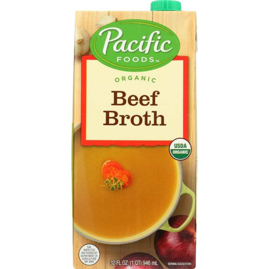 Pacific Foods Organic Beef Broth 32 oz carton with slow-simmered savory beef stock ingredients