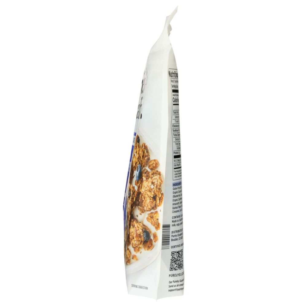 Blueberry Hemp Ancient Grain Granola with dried blueberries, hemp seeds, organic oats, and cinnamon in 12 oz packaging
