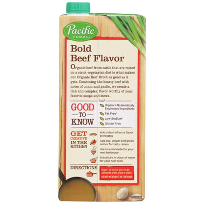 Pacific Foods Low Sodium Organic Beef Broth 32 oz carton with garlic and onions ingredients visible