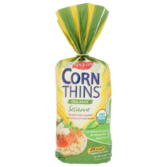 REAL FOODS Corn Thins Sesame Organic crispbread made from golden corn and sesame seeds