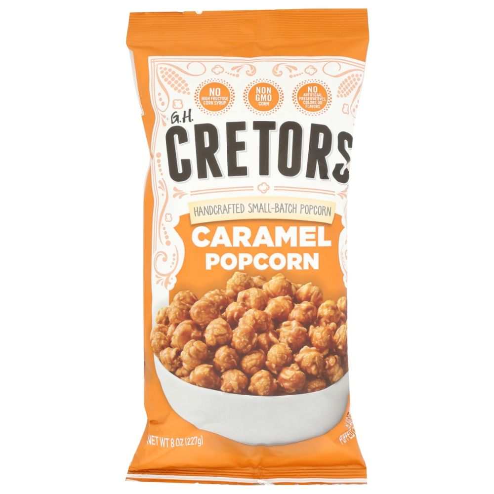 GH CRETORS handcrafted caramel corn in 8oz bag with rich buttery copper kettle coating and gluten-free ingredients