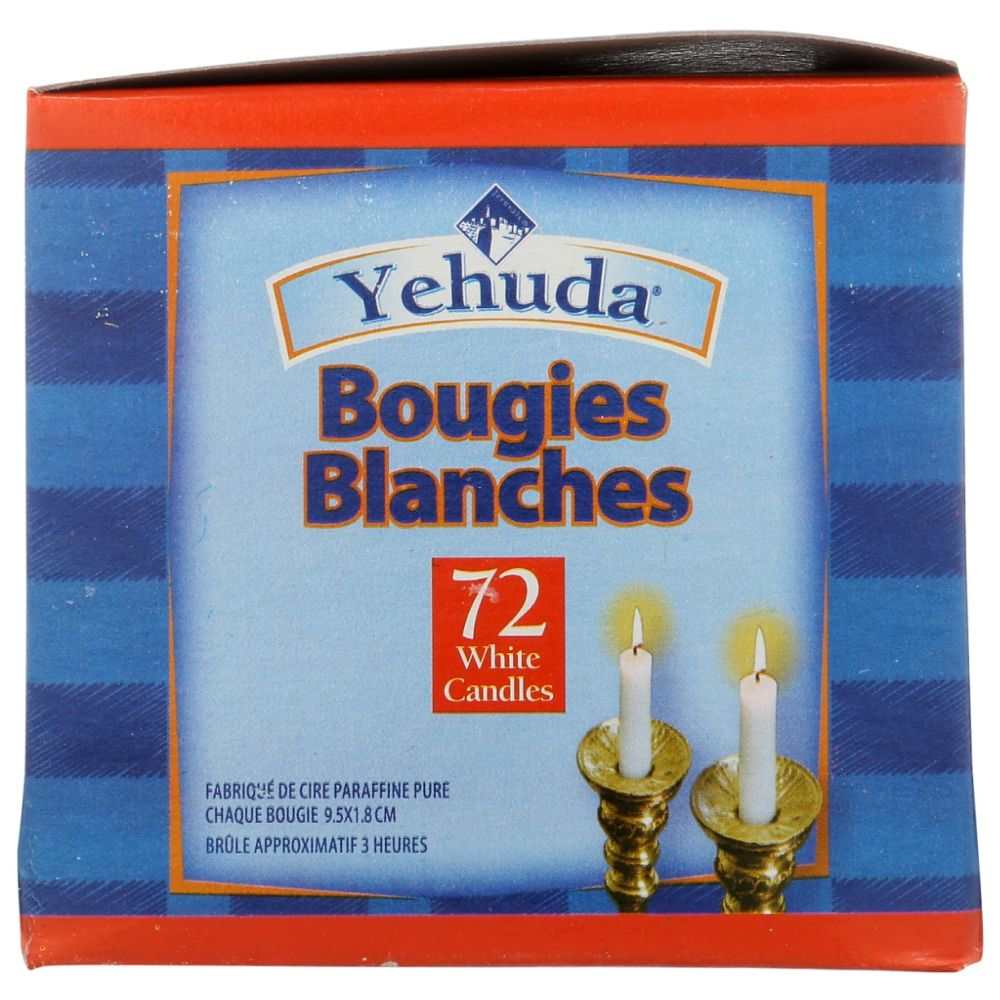 Box of Yehuda Bougies Blanches 72-pack white candles with candle holders