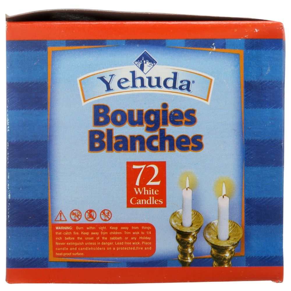 Box of 72 white candles labeled Yehuda Bougies Blanches with two lit candles pictured.