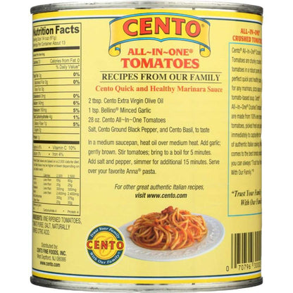 CENTO All In One Crushed Tomatoes 28 oz can with chunky tomato texture perfect for chili or marinara