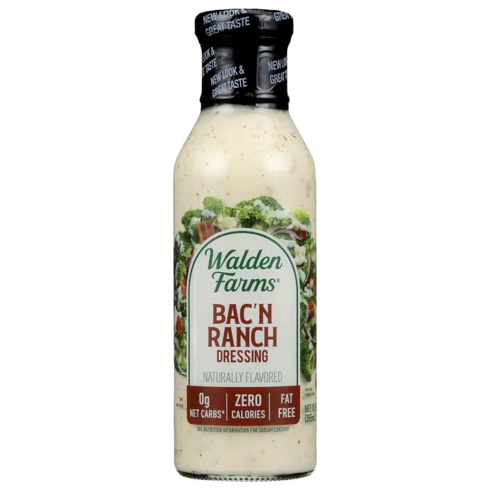 Walden Farms Bacon Ranch Zero Calorie Dressing bottle with organic herbs and spices label