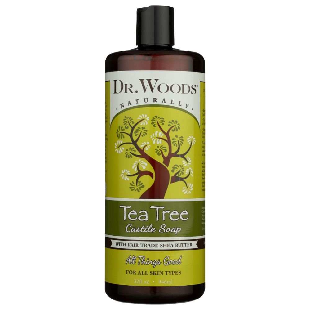 DR WOODS Tea Tree Castile Soap 32 oz bottle with coconut and olive oil base for face, body, and hair