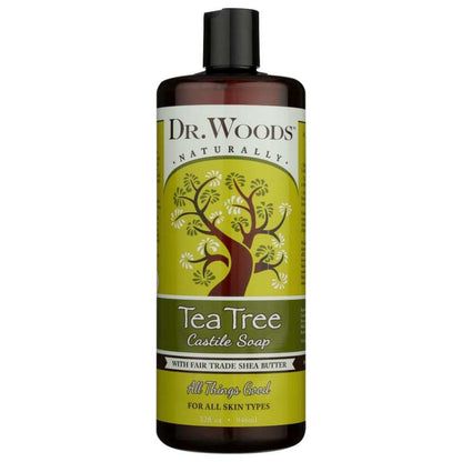 DR WOODS Tea Tree Castile Soap 32 oz bottle with coconut and olive oil base for face, body, and hair