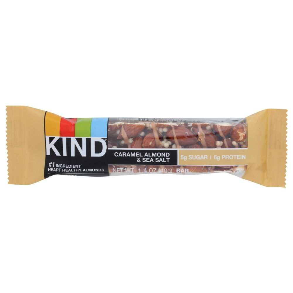 KIND Caramel Almond nut bar with caramel, whole almonds, and sea salt for a healthy snack