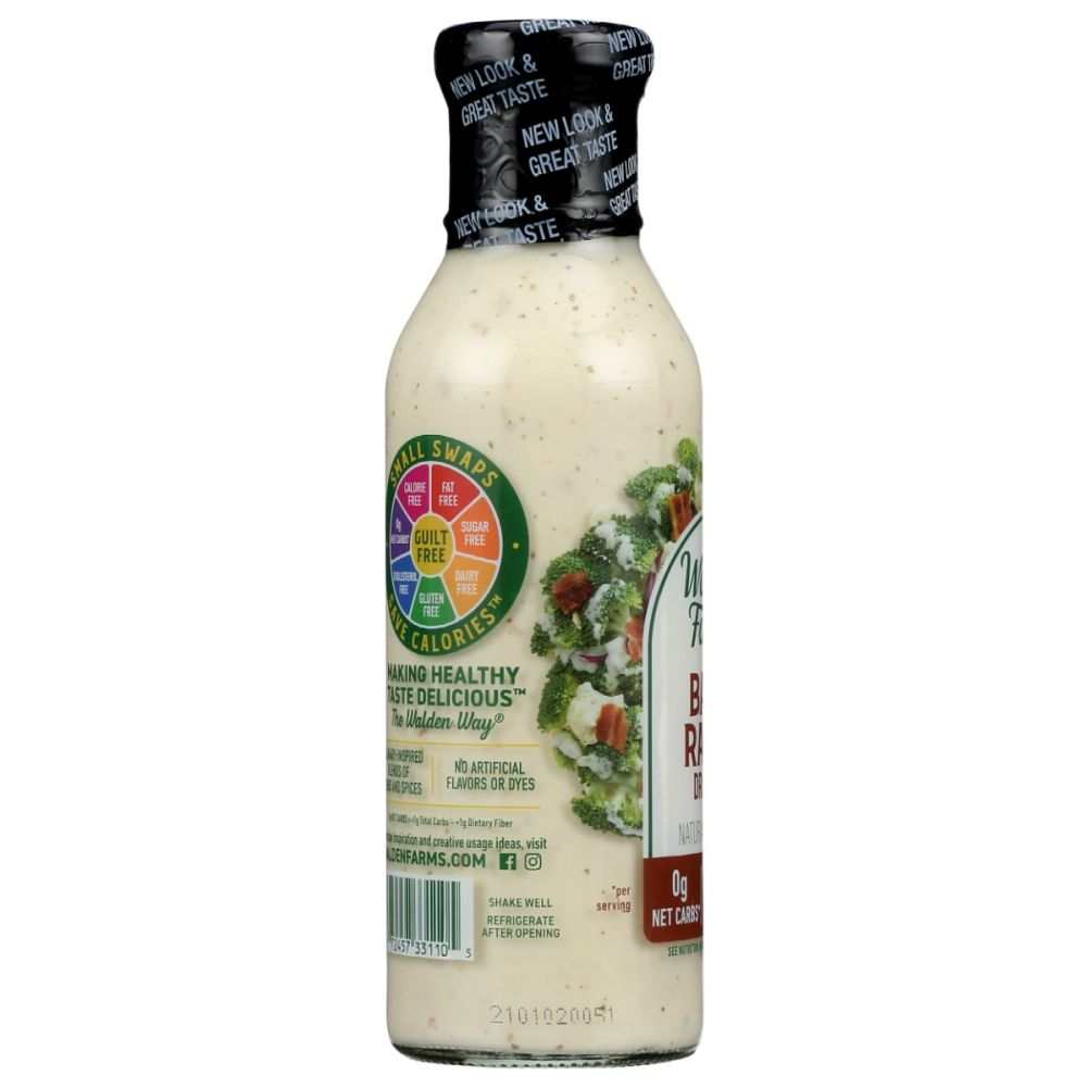 WALDEN FARMS Bacon Ranch Zero Calorie Dressing bottle with organic ingredients label