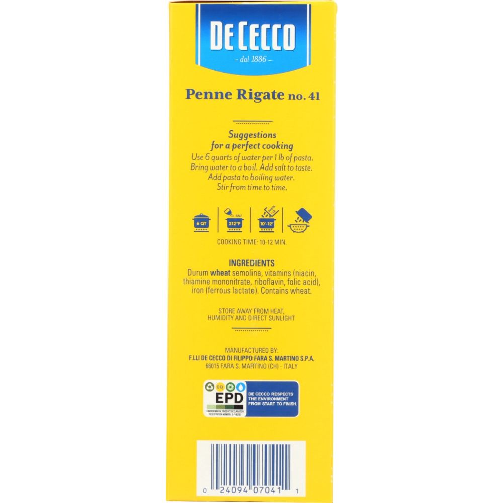 DE CECCO: Penne Rigate No 41 Pasta, 16 oz - SMART GREENS