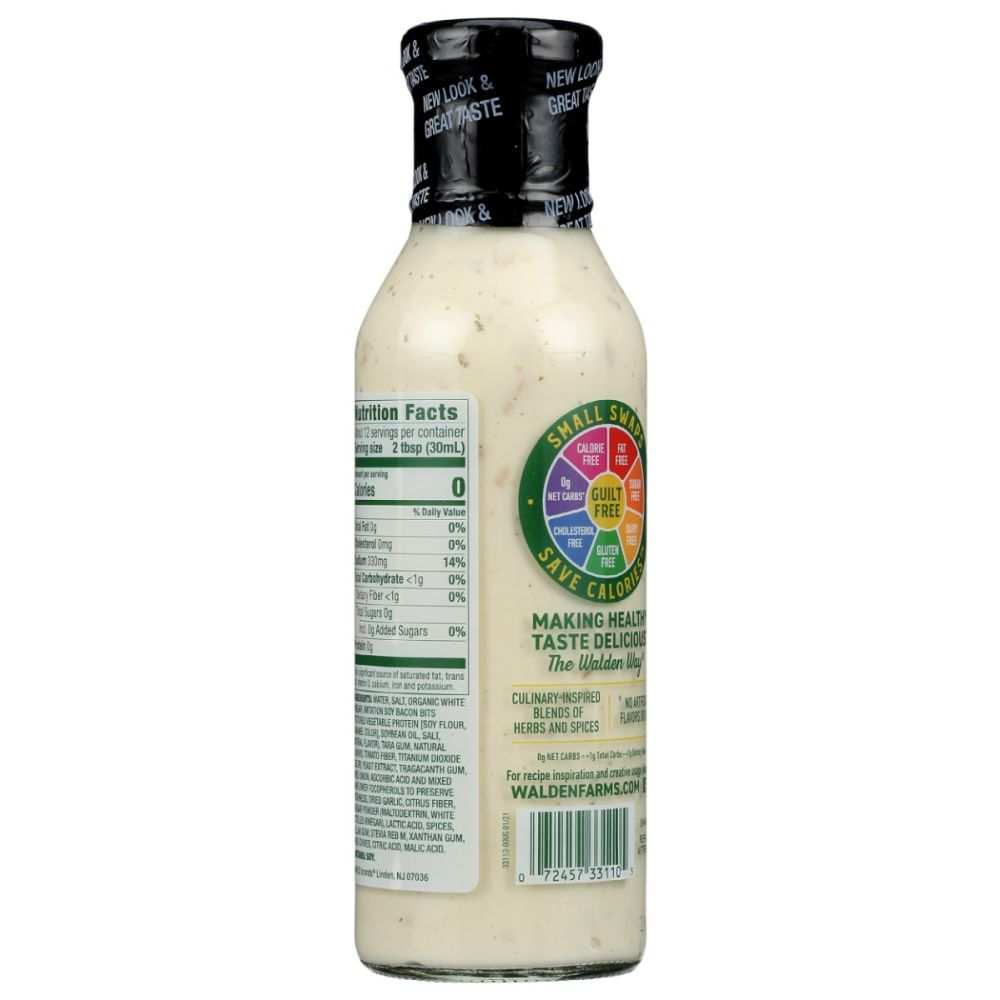 Walden Farms Bacon Ranch Zero Calorie Dressing bottle with organic ingredients and herbs
