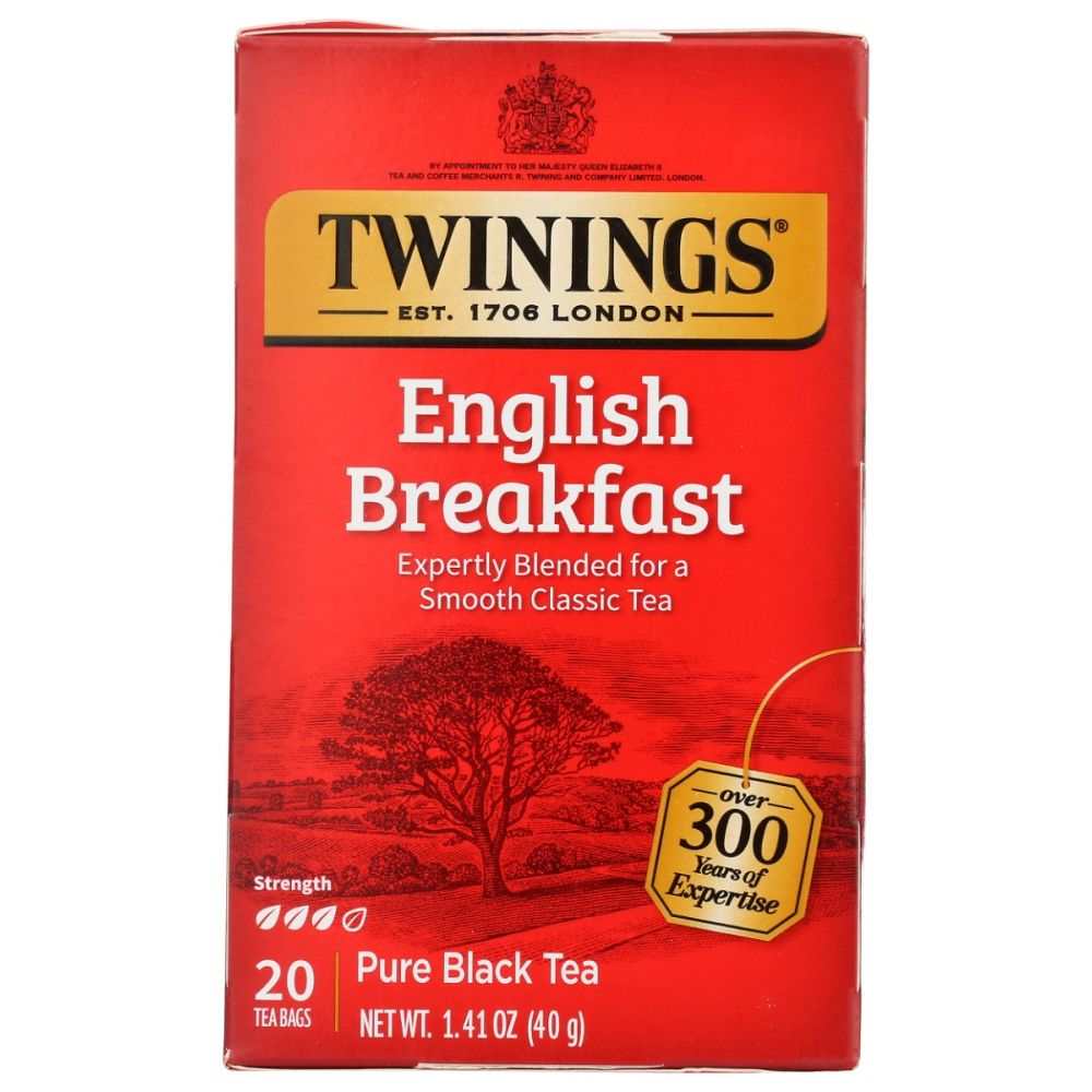 TWINING TEA English Breakfast Tea box with 20 tea bags, rich and full-bodied blend from Kenya, Malawi, and Assam